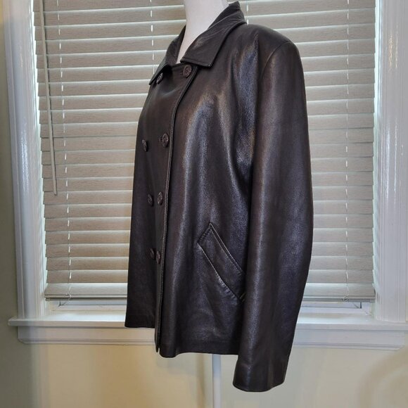 Brown Genuine Leather Sleek Ladies Double Breasted Jacket, Size Large, - Picture 3 of 15
